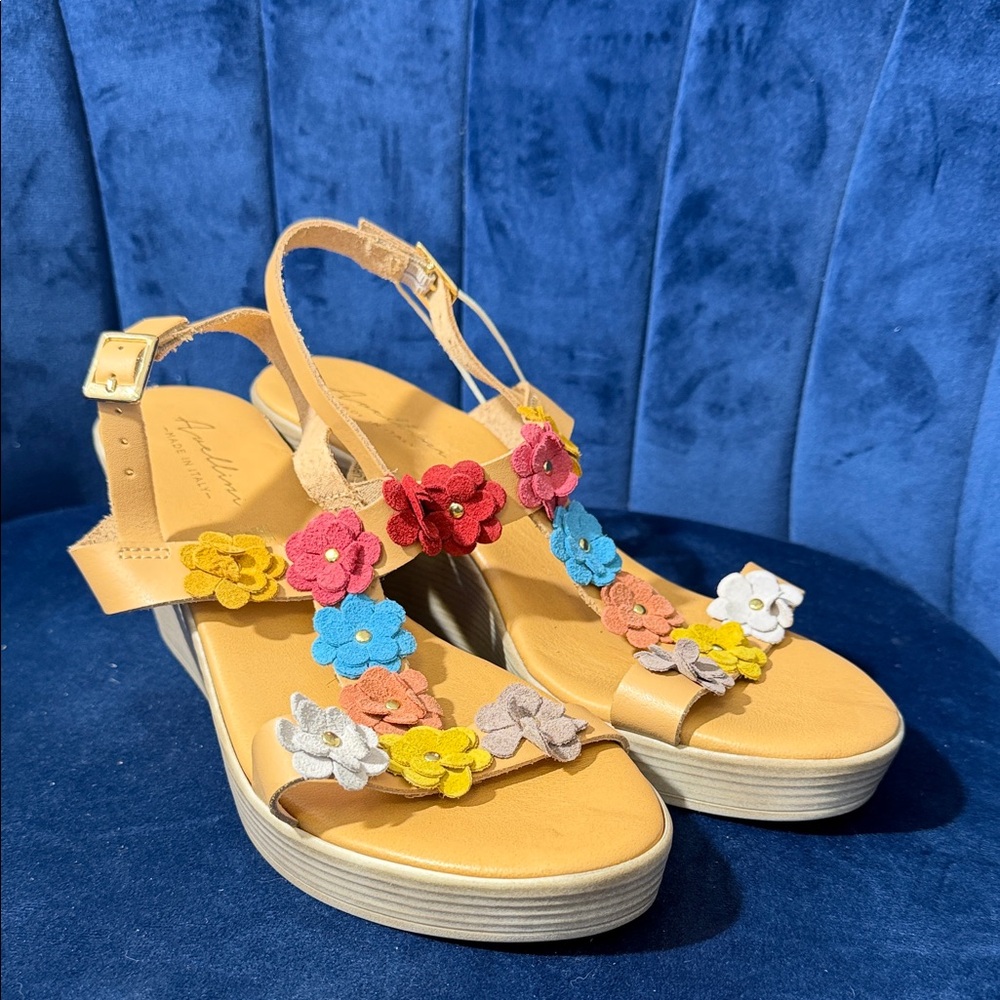 Avellini Floral Multi-Color Genuine Leather Slingback Sandals - Women Size 9.5